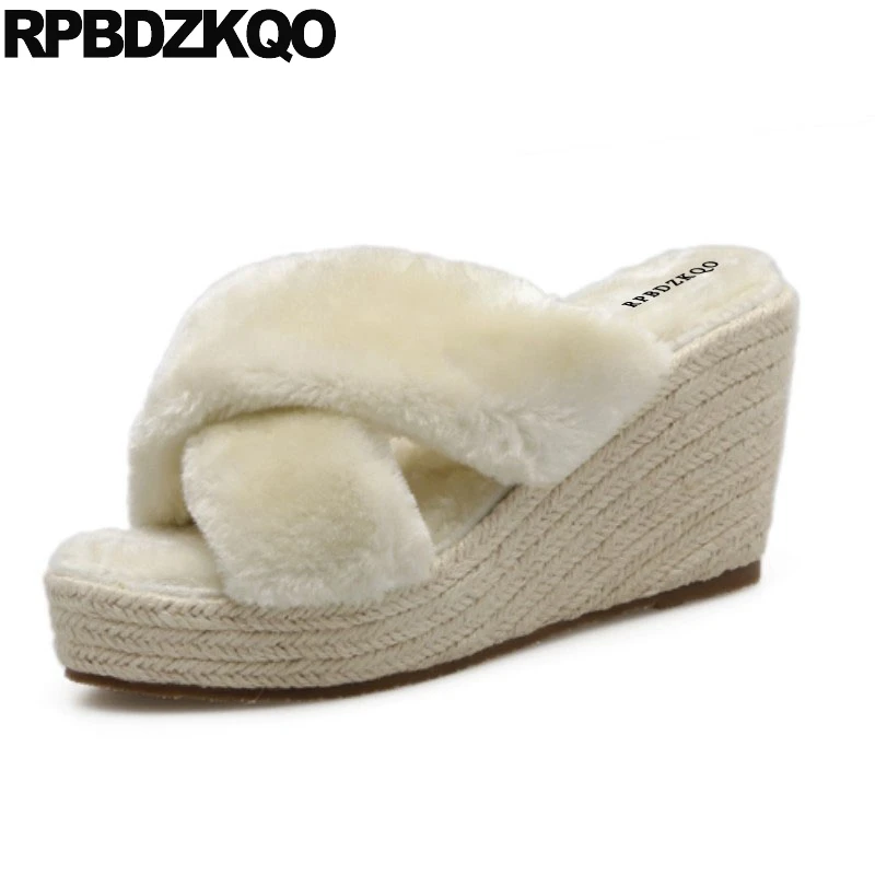 

With Fur Casual Shoes Women Wedge Platform Sandals Fluffy Designer High Heels Rope Cheap Furry Espadrilles Slip On 2018 Pumps