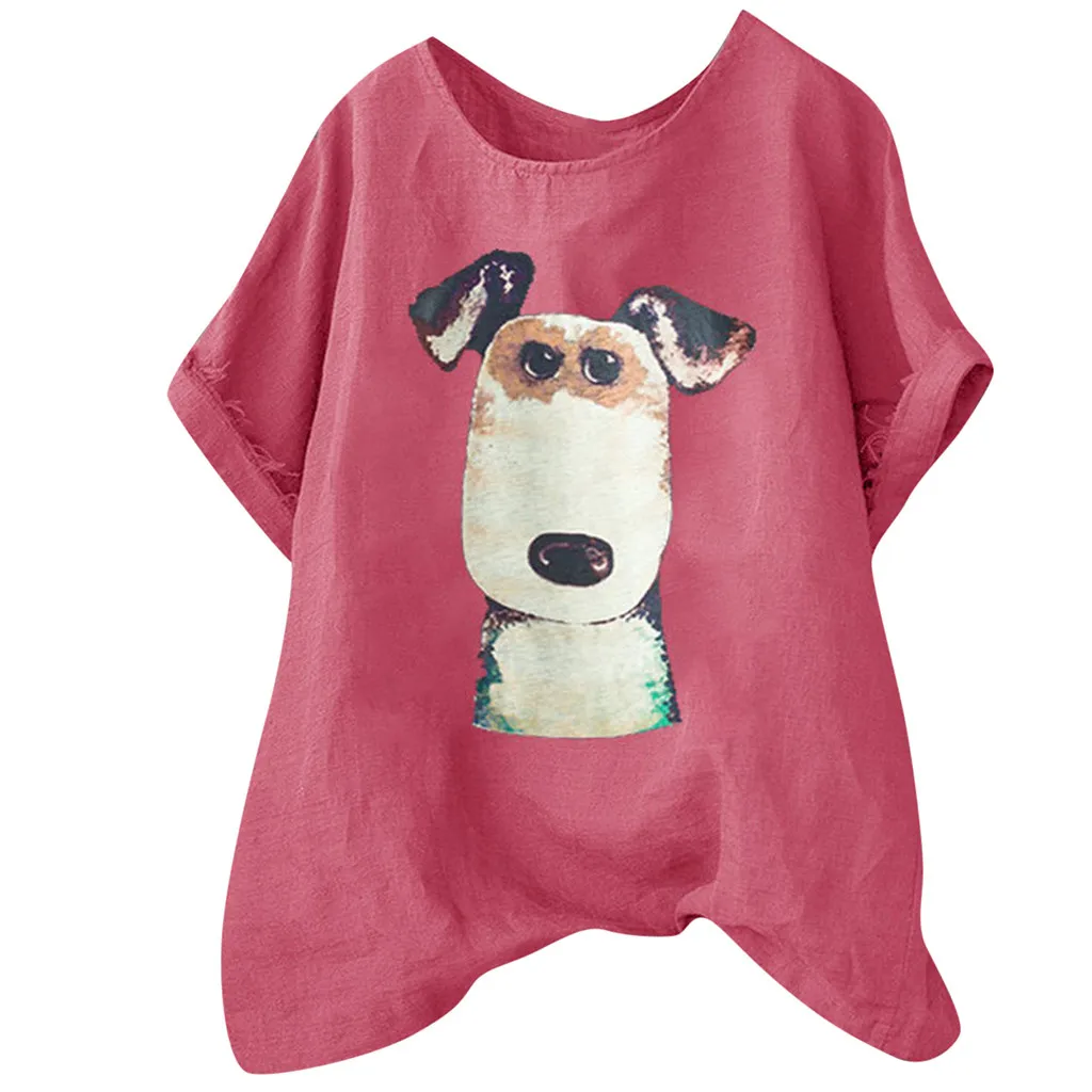 

2019 Plus Size Linen Women Blouses туник Stylish Casual Tunic Loose Dog Print O-Neck плюс размер Shirt Blouse Femme Tops