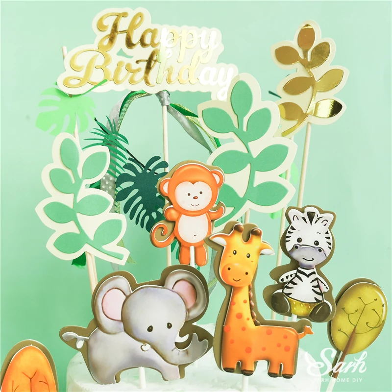 Слон, обезьяна, животные, топперы для торта, с днем рождения, золотые буквы, украшение для детского дня рождения, вечерние принадлежности для выпечки, прекрасные подарки
