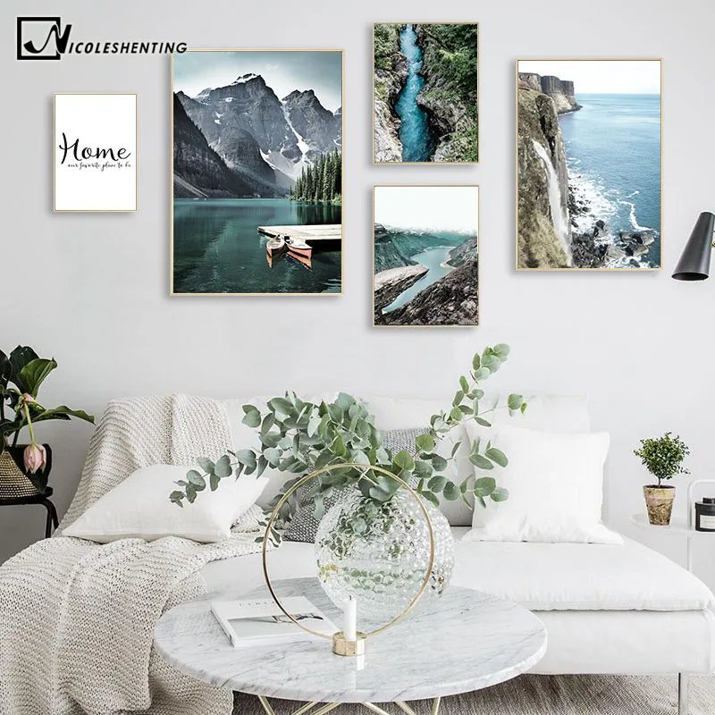 

Mountain Lake Waterfall Picture Scandinavian Poster Nordic Style Print Nature Scenery Wall Art Canvas Painting Modern Room Decor