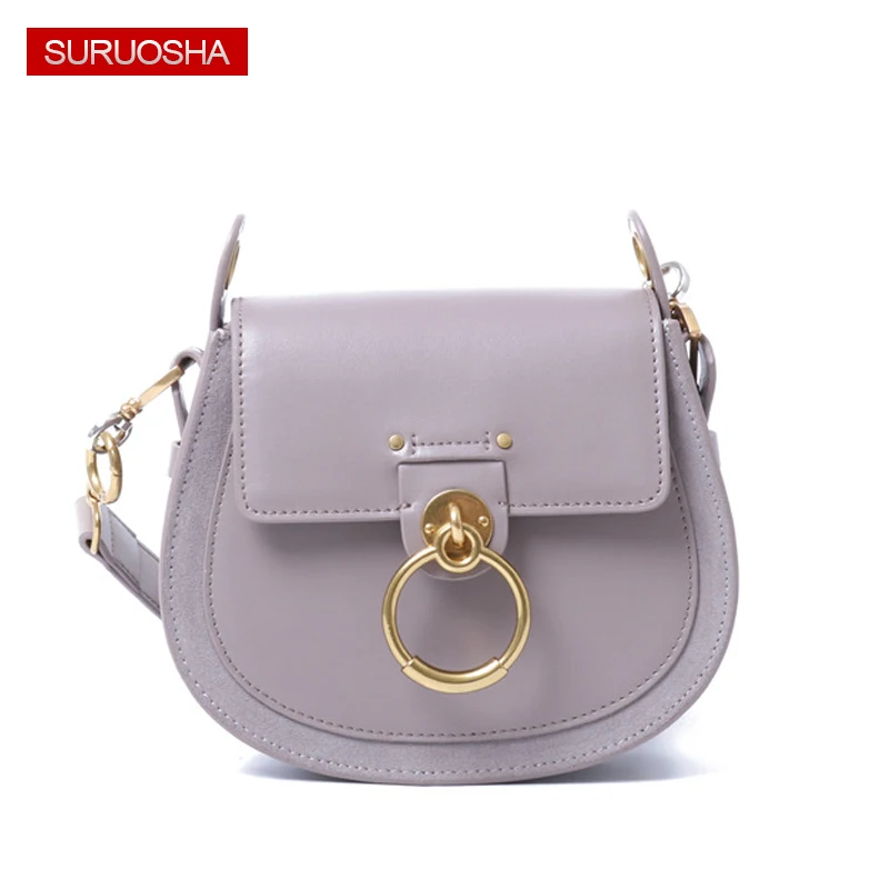 

Gray Leather Saddle Bag Female Contrast 2 Wide Straps Luxury Brand Shoulder Bag Metal Ring Round Handbag Suede Inside Velvet