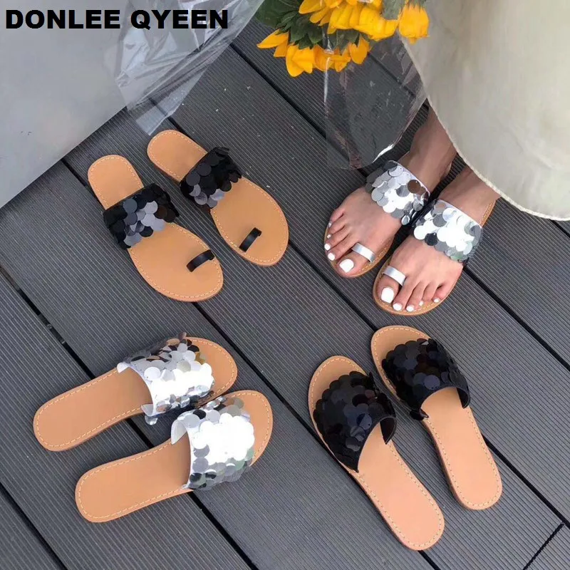

2019 Summer Brand Slippers Flat Casual Shoes Women Sequins Bling Slides Shining Beach Flip Flops Luxury Sandals zapatos de mujer