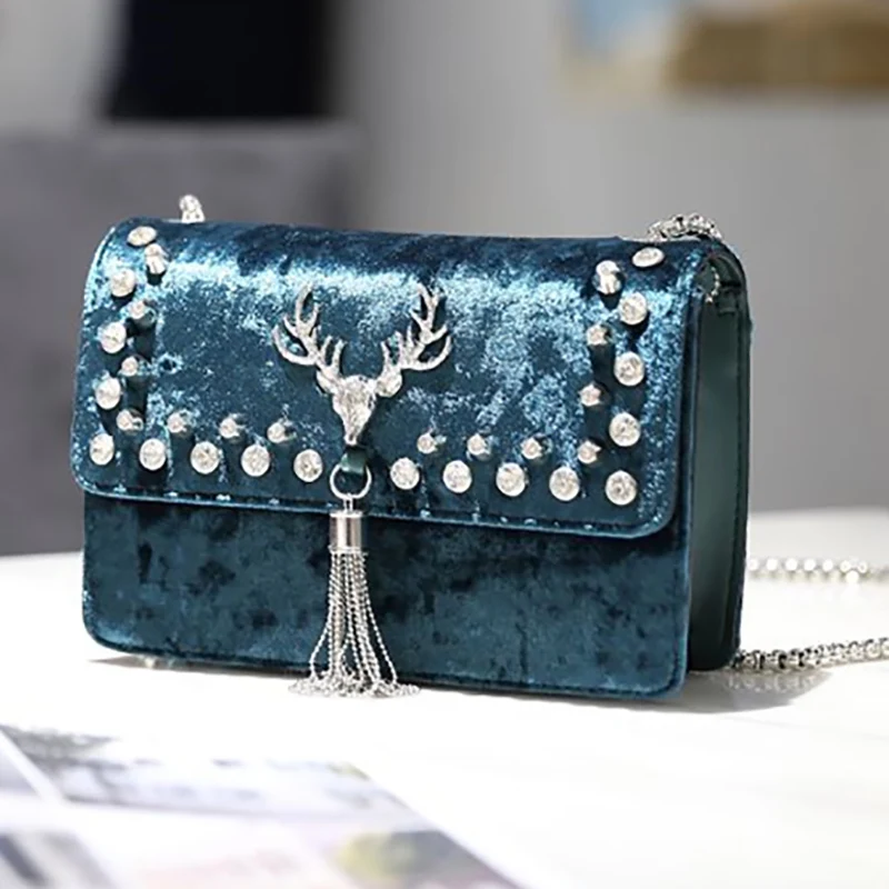 

Women Clutch Bags Red Green Luxury Crystal Deer Handbags Chain Evening Bag Wedding Bridal Purse Flock Ladies Small Shoulder Bags