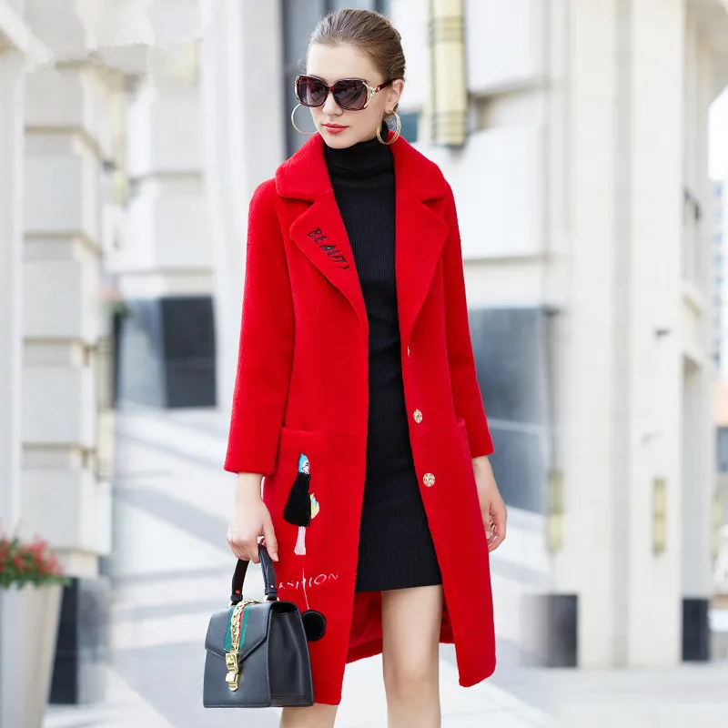 AYUNSUE, модное пальто из натуральной овечьей шерсти, Женское зимнее теплое пальто из натурального меха, длинные шерстяные куртки для женщин, пальто P705 - Цвет: Red