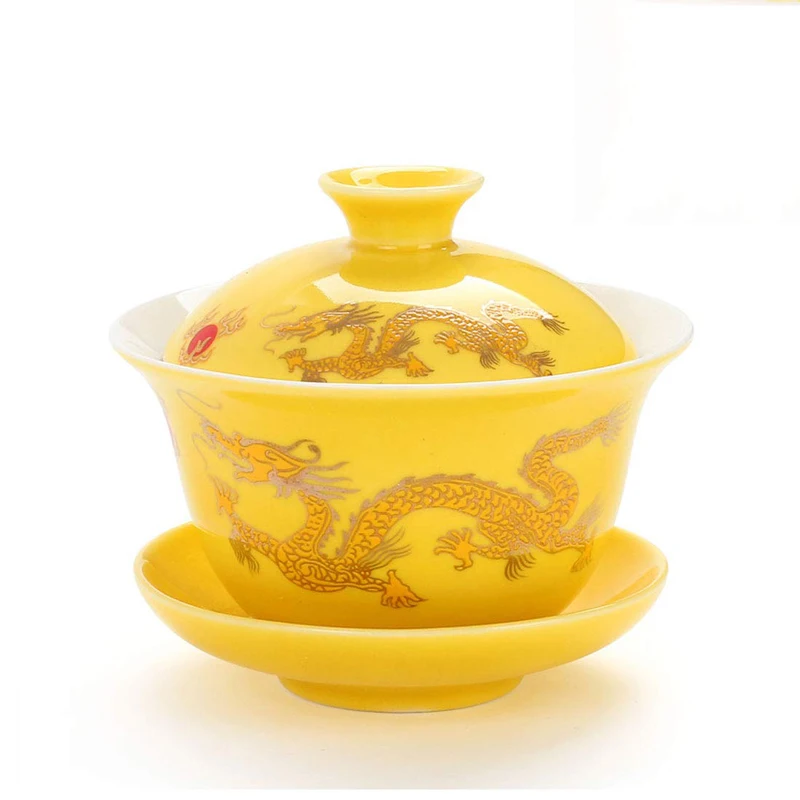 150 мл костяного фарфора кунг-фу чайный сервиз Gaiwan, чайная чашка Tureen фарфоровый чайный сервиз керамический чайный поднос Parlour чайная посуда Gai Wan чай тигуанинь - Цвет: Golden dragon