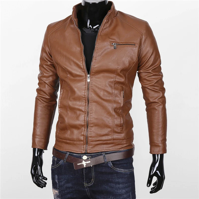  Pure Color Faux Leather Men's Jackets Black Yellow Brown Casual Male Coats Slim Fit Warm Jacket Men