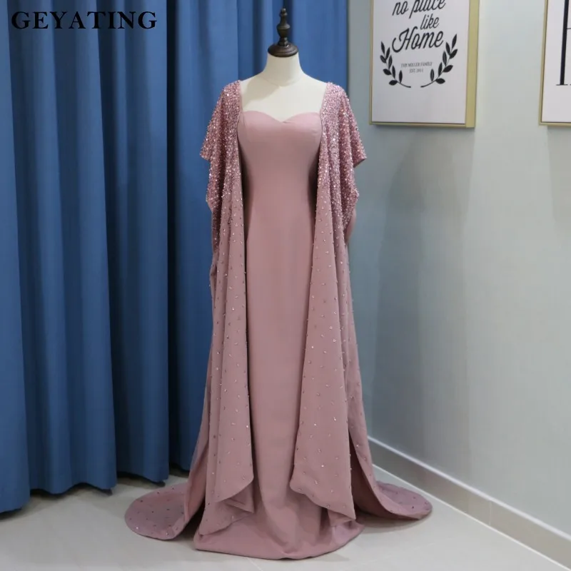 Heavy Beaded Dirty Pink Arabic Evening Dress with Cape Sleeve Yousef