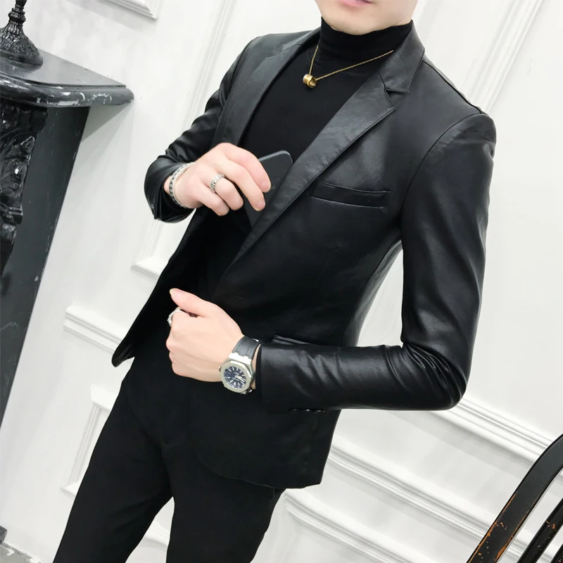 Новая одна застежка PU костюм куртка модный бутик мужской Тонкий ретро костюм куртка черная Мужская Банкетная вечерние клубная мужская одежда