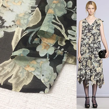 

Vintage floral print on black background silk georgette gauze fabric,SCG314