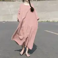 Johnature Summer New Solid Color Patchwork Dresses 2019 Women O-Neck Full Sleeve Vintage Loose Cotton Linen Long Dresses