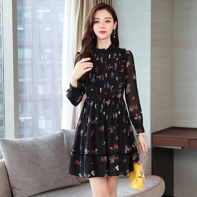 

Pengpious fall couture fashion temperament black print office lady dress long-sleeved floral chiffon mini empire dresses female