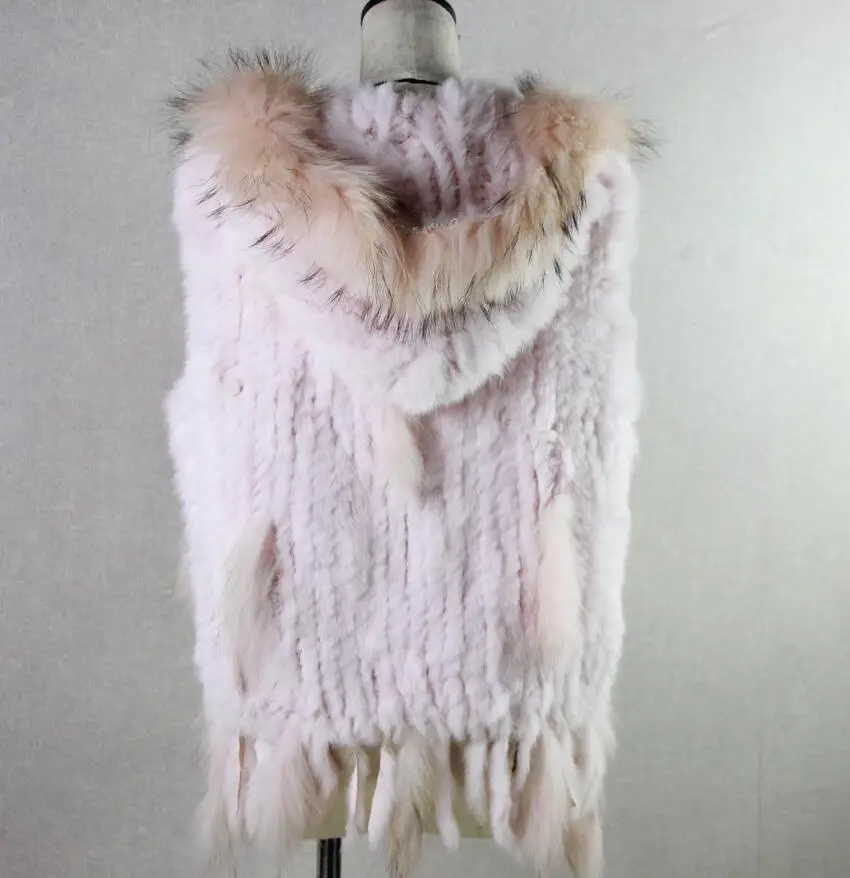 Harppihop, модный жилет из кроличьего меха, отделка мехом енота, вязаный жилет из кроличьего меха с капюшоном, меховой жилет, жилет - Цвет: light pink