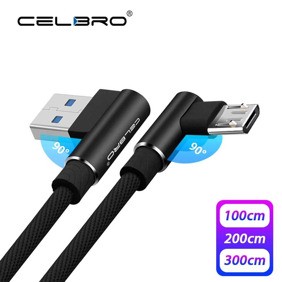 Кабель Micro USB 1/2/3 м 90 градусов кабель для быстрой зарядки Samsung Xiaomi мобильный