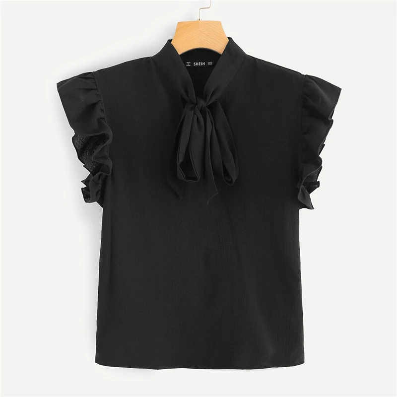 SHEIN горчичная элегантная Офисная Женская блузка с оборками на плечах и завязками на шее с цветочным принтом, летняя женская шифоновая блузка и блузки - Цвет: Черный