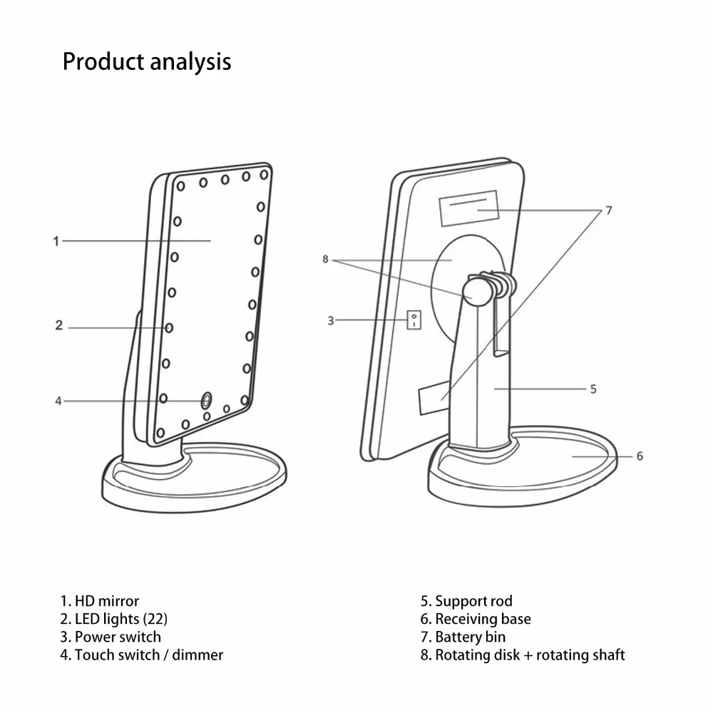 Biutee 360 градусов вращение Сенсорный экран косметическое зеркало с 16 светодиодный свет Яркость Регулируемый инструмент для макияжа