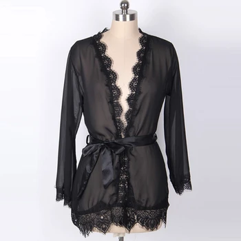 

1 Set Womens Sleepwear Set Eyelash Lace Robe Sheer Mesh Kimono Nightgown Sexy Lingerie