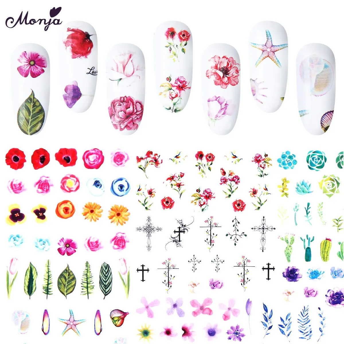 

Monja 24 sheets Nail Art Flower Series Mixed Design Pattern Water Transfer Foil Decals Stickers DIY Decorations