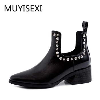 

Black Autumn Boots Women Brand Designer Shoes Real Leather Genuine 4.5cm Thick Heel Boots Girls Ankle Boots AF03 MUYISEXI