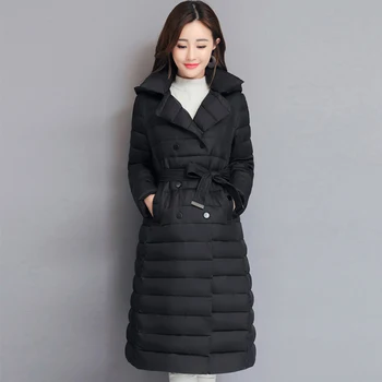 2019 Turn Down Collar Winter Jacket Women Padded Breasted Buttons Ladies Long Parka Outwear Warm Coat