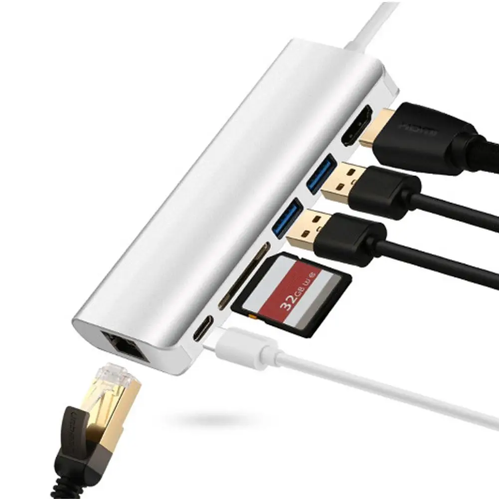 

6 in 1 HDMI Gigabit Ethernet USB3.0 SD Card Reader Type-C Hub Adapter Converter Silver Computer Cable Adpter