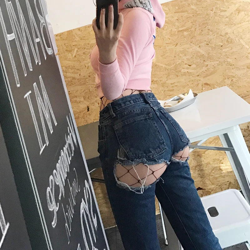 Vintage Ripped Hole Booty Jeans Women Sexy Pencil Pants High Waist