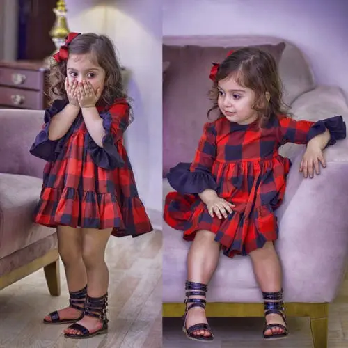 

2018 Brand New Adorable Kid Baby Girls Cotton Princess Dress Plaids Flare Sleeves Ruffles Pageant Party Dress Tutu Sundress 1-6Y