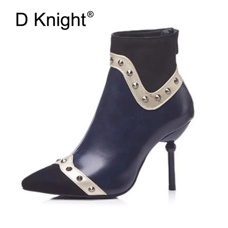 

2018 New Women Brown Navy Ankle Boots Motorcycle Thin High Heel Rivet Punk Platforms Botas Mujer Big Size 32-48 Boot Shoes Woman