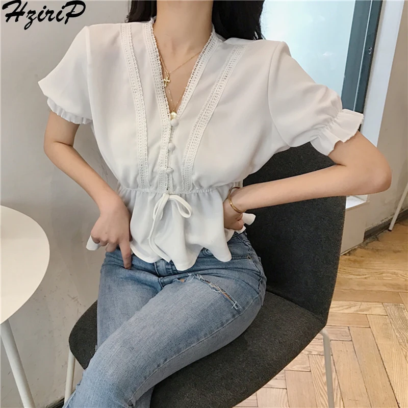 

Hzirip New Korean 2019 Women Spring Summer Blouse Solid All-Match Slim Lace Sweet Casual Loose Female Fashion Preppy Style