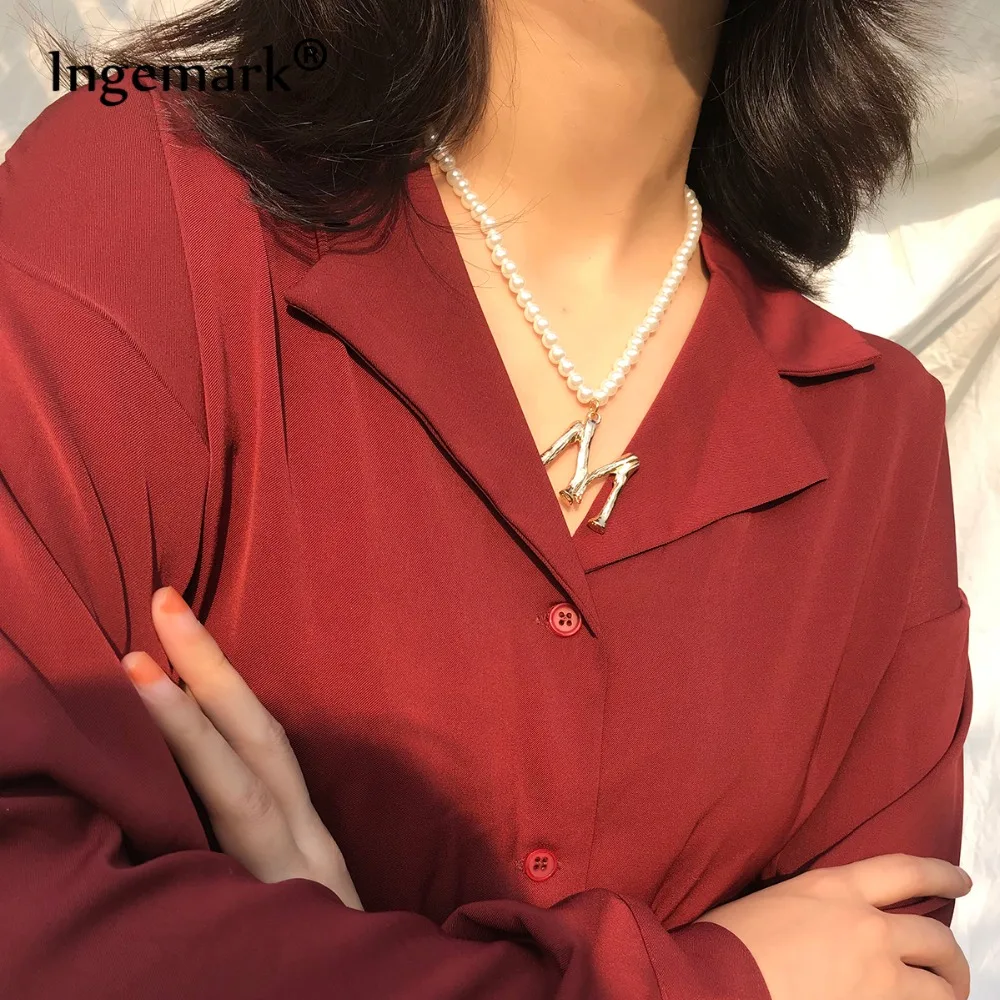 

Ingemark Bohemian Imitation Pearl Choker Necklace Statement Metal Letter M Initial Pendant Necklace Women Jewelry Accessories