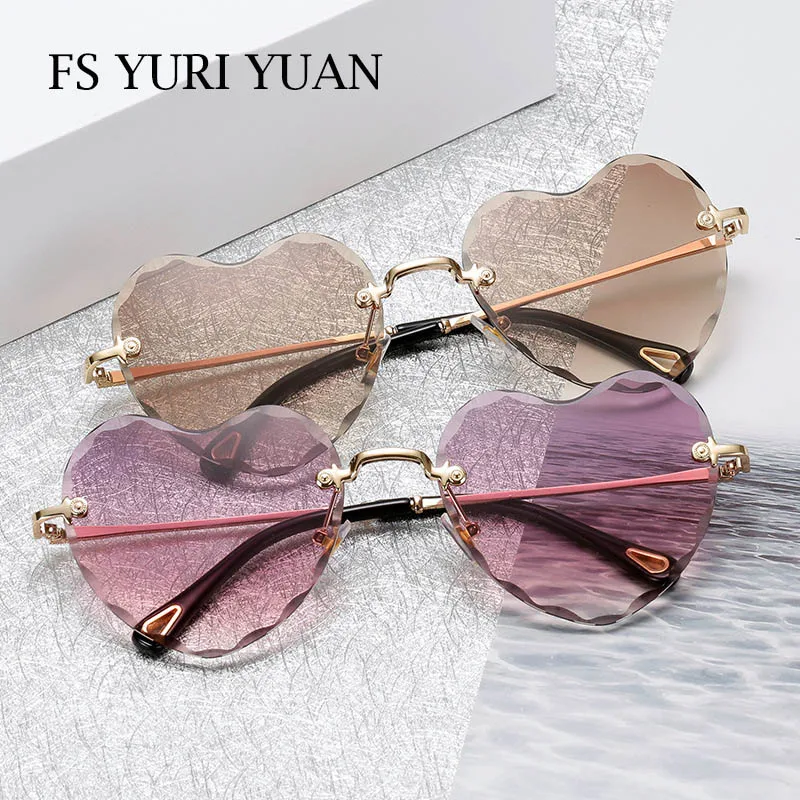 FS YURI YUAN солнцезащитные очки в форме сердца, женские модные солнцезащитные очки без оправы, брендовые дизайнерские сексуальные женские очки, яркие цвета, UV400
