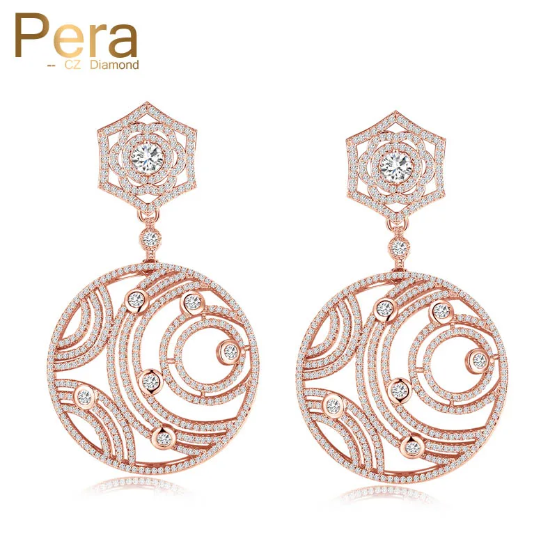 

Pera Luxury Noble Women Long 6.8 CM Evening Party Big Round Hollow Flower Dangling Drop Cubic Zirconia Earrings Jewelry E174