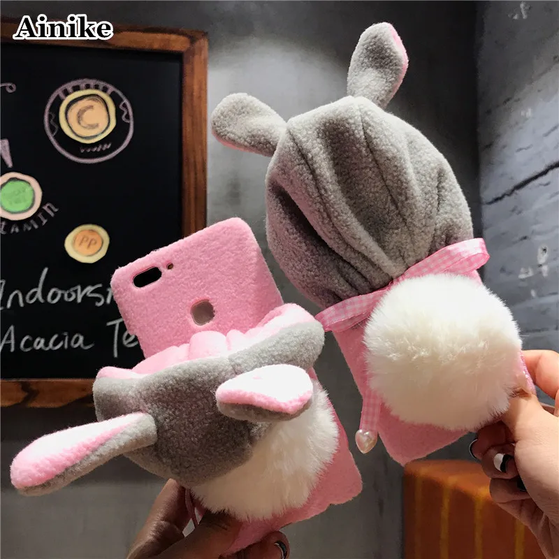 

Ainike Cute Warm Fur Ball Rabbit Hat Phone Case For OPPO R7 R9s R11 Plus R11s A57 A59 A77 A37 Animal Ears Furry Plush Hard Cover