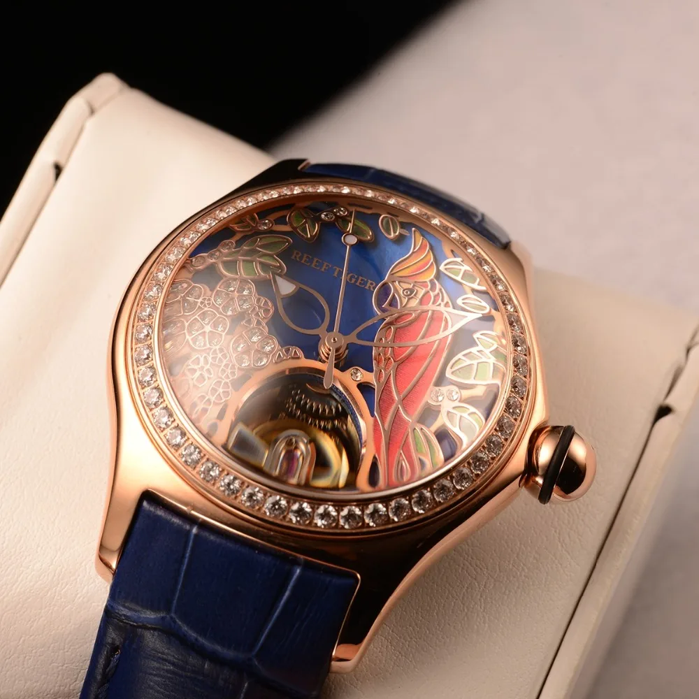 Риф Тигр/RT синий циферблат модные часы для женщин кожаный ремешок водонепроницаемые автоматические часы с бриллиантами турбийон часы RGA7105