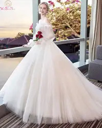 Элегантный длинный рукав Свадебные и Бальные платья 2019 Лодка шеи белое вечернее платье с аппликацией Squined на шнуровке скромные свадебные