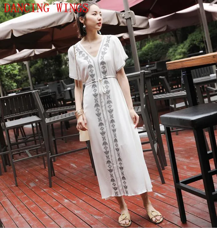 Femme Broderie Sky Lin Coton De Robe Vintage Dété Plage