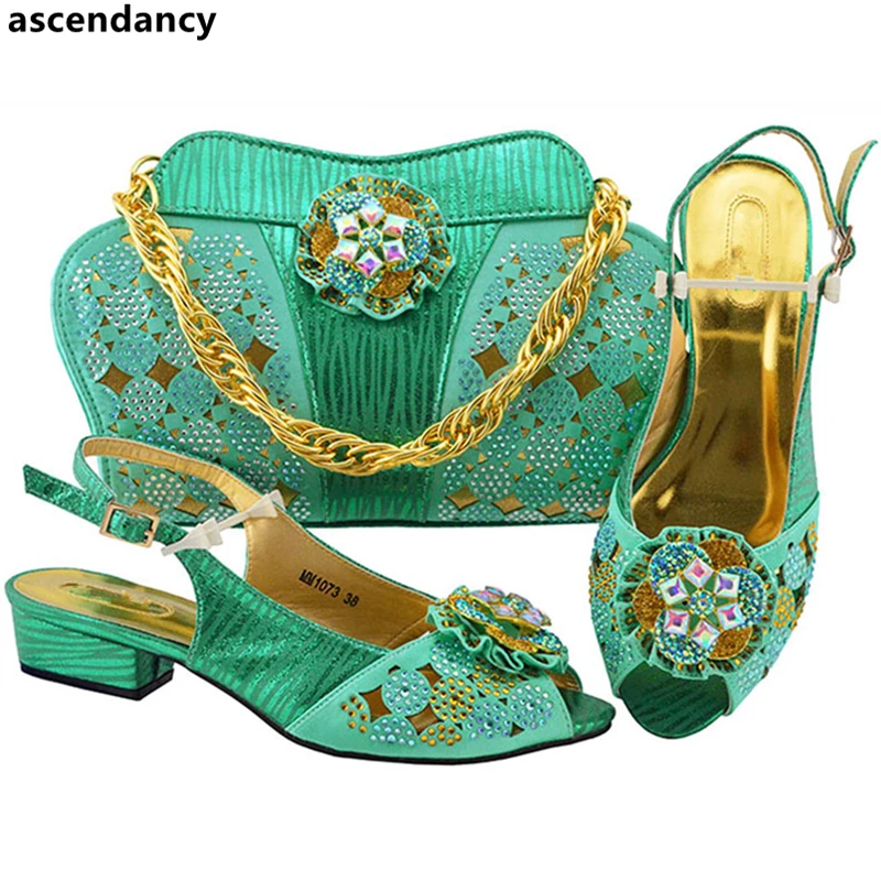 New Arrival Womens Dress Shoes Open Toe Italian and Bags To Match with Bag Set Decorated Rhinestone Low Heels | Обувь