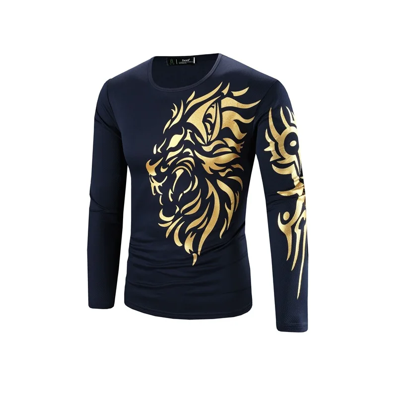 

2019 High Quality gilt Dragon's head printing tattoo backing quick-drying t shirt men O-Neck 3D Cotton long sleeve T-shirt