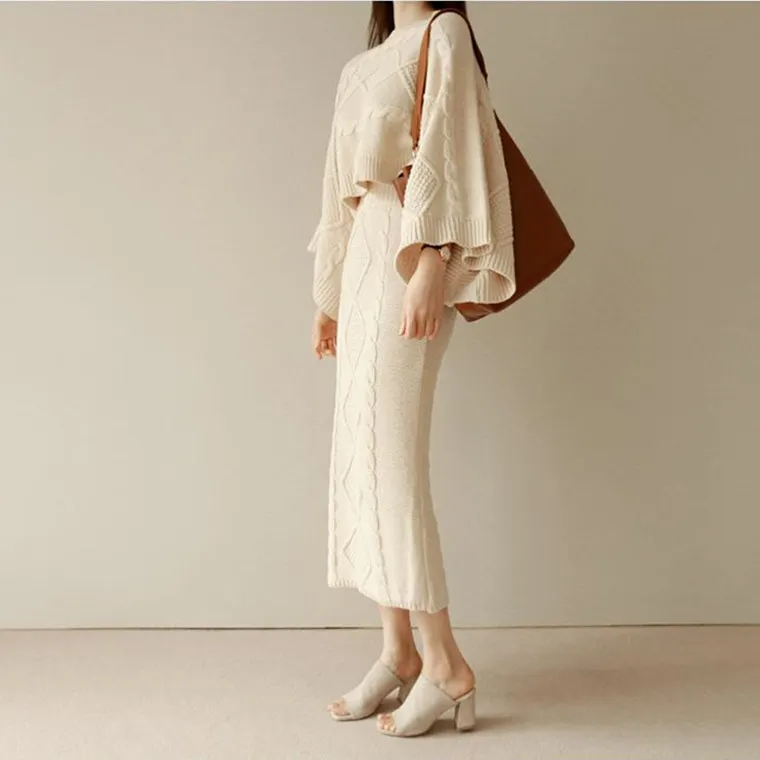 

2019 Autumn Winter Women Knitted 2 Piece Set Batwing Sleeve Loose Tops+Slim Bodycon Skirt Female Sweater Suits high quality