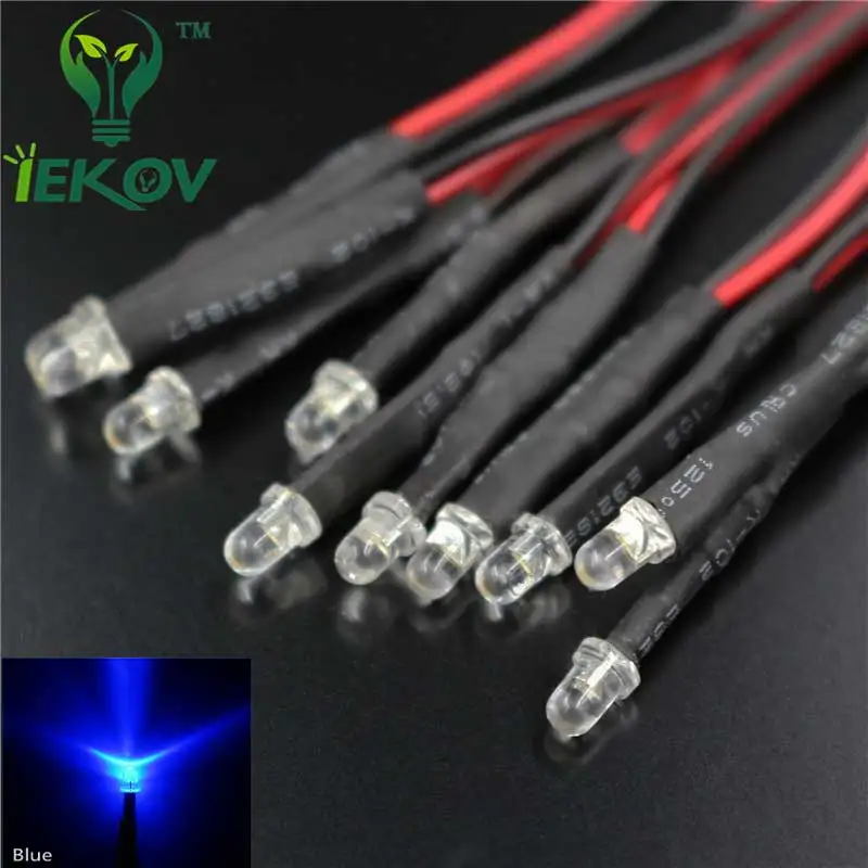 50 шт. LED диоды 3 мм 12 В Предварительно Проводные белые красные синие зеленые желтые