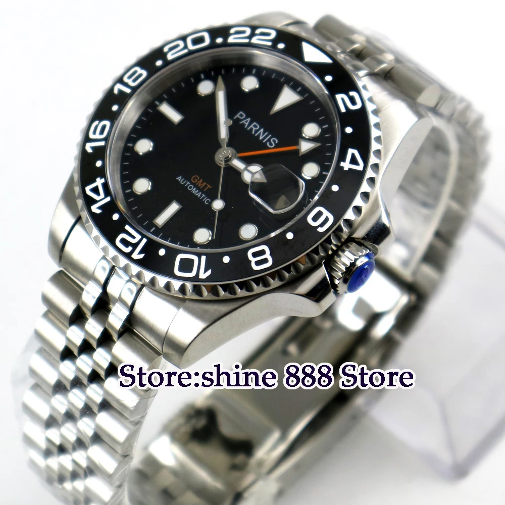 

40mm PARNIS black dial ceramic bezel GMT Sapphire glass automatic mens watch