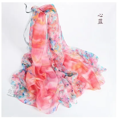 

The hot sale is 100% pure silk long towel painting mulberry silk scarf long scarf heart blue