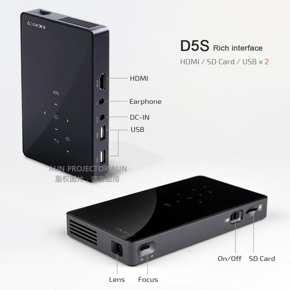 AUN Android 7.1 Projector D5S, Built-in WIFI, Bluetooth, 4500mAH Battery. HDMI, USB, SD Card, (Optional D5 Portable Projector)