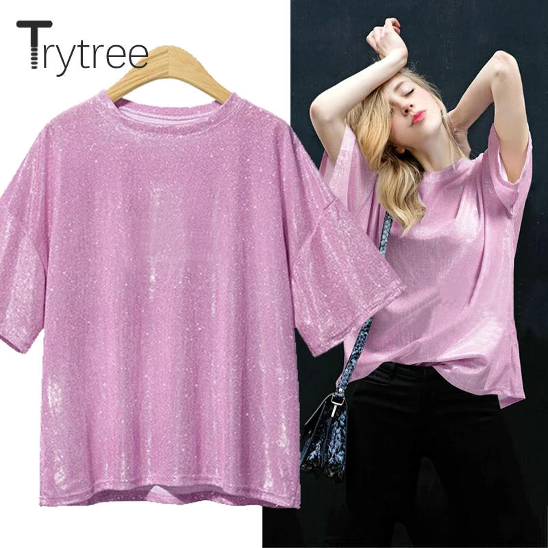Trytree Spring Summer Women t shirt Casual Polyester tshirt Fashion O-Neck Pink Silver Tops clothes Solid Polyester Shirts