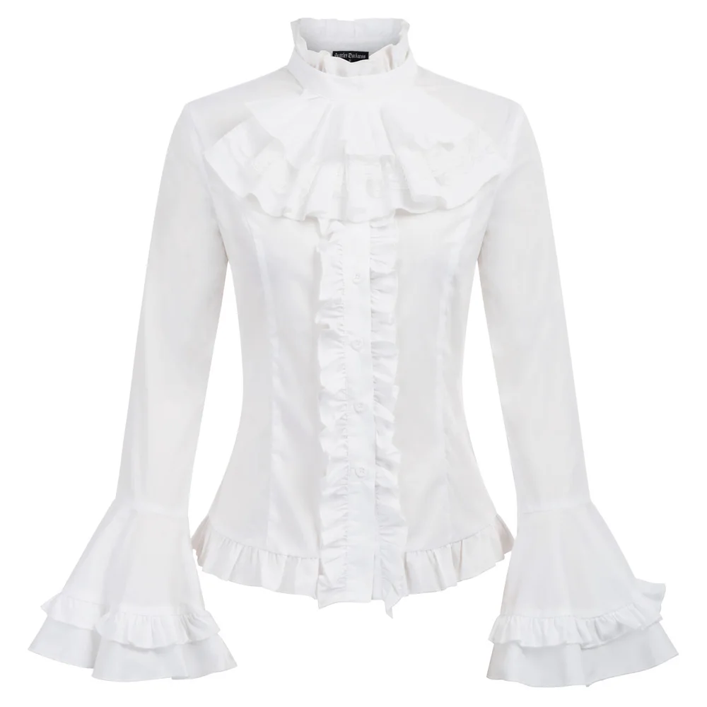 Винтажная женская рубашка Ренессанса с длинным рукавом-колокольчиком, с однотонными пуговицами, с рюшами, высокая-Низкая Ретро рубашка, элегантные вечерние топы - Цвет: Ivory
