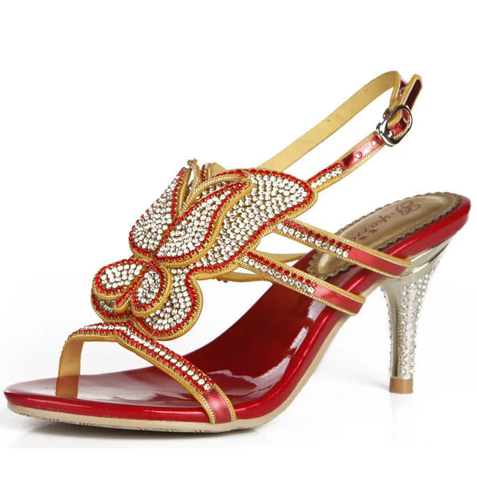

G-sparrow 2018 Women's Summer New High-heeled Sandals Stiletto Diamonds Crystal Sexy Elegant Fashion Red Wedding Shoes 8cm