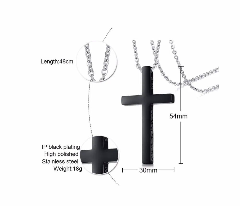 Ожерелье с крестом для мужчин и мальчиков, филиппианцы, 4:13, подвеска с крестом, прочность, Библейский стих, нержавеющая бижутерия, черный цвет