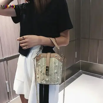 

Summer Straw Bag Pearls Flower Decor Shoulder Messenger Handbags Women Woven Small Chain Crossbody Bags