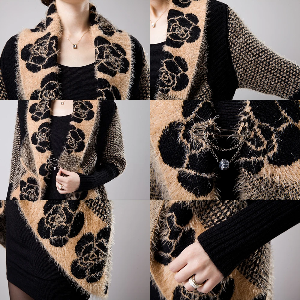 Вязаные свитера, кардиганы, кашемировая шаль для женщин, Осень-зима, цветочный трикотаж, винтажные женские пальто, вязаные куртки