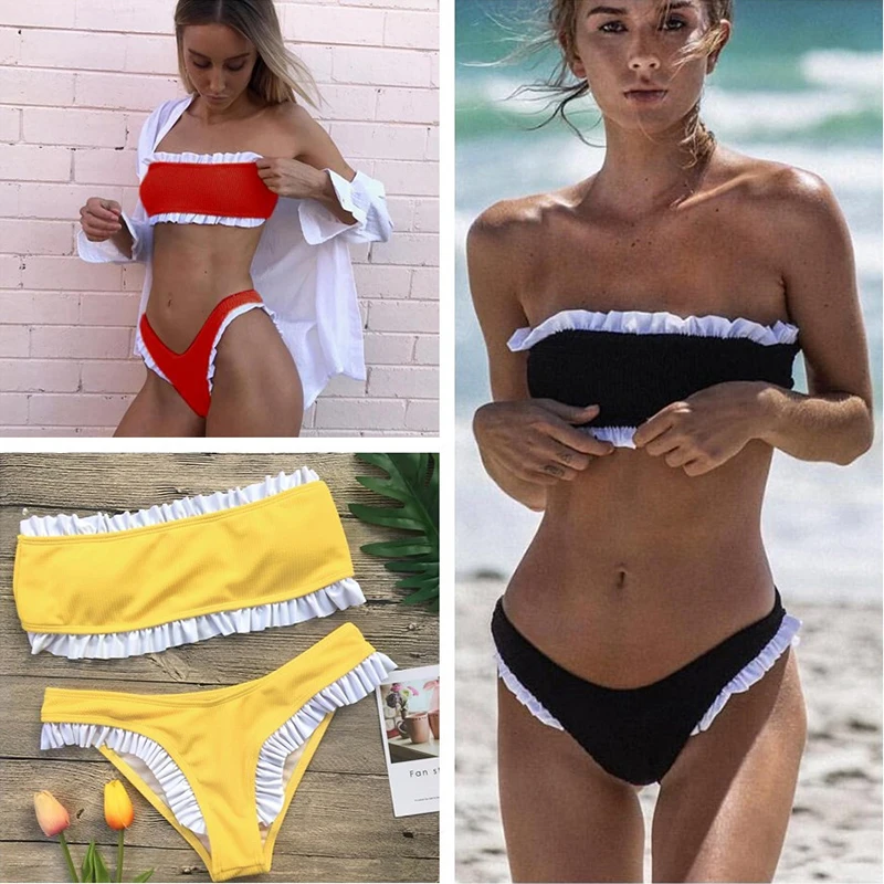 

XREOUGA High Waist Solid Lace Bordered Women Swimwear Patchwork Ruffles Off Shoulder Bikini Sets Sexy Candy Color Fold Biquini