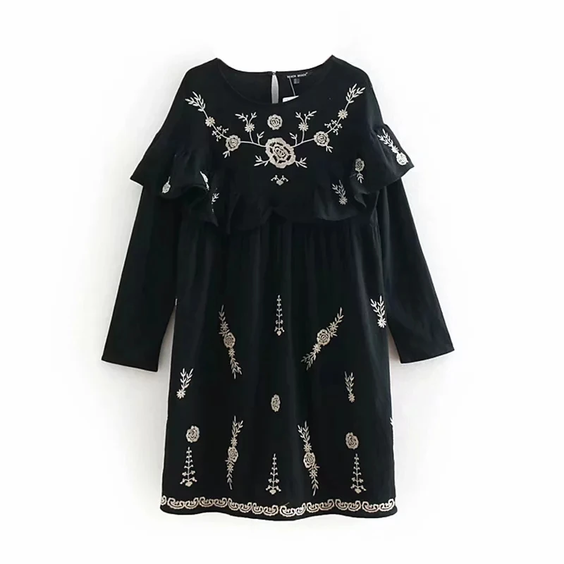 

Embroidery Women-s Black Dress 2019 Spring-Autumn Ladies Peter pan Collar Dresses Ladies Vintage Ruffles Party Cute Dress Chic